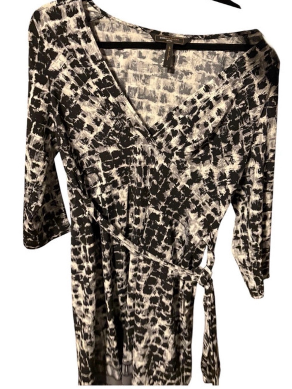 BCBGMaxAzria Black and White Abstract Wrap Dress